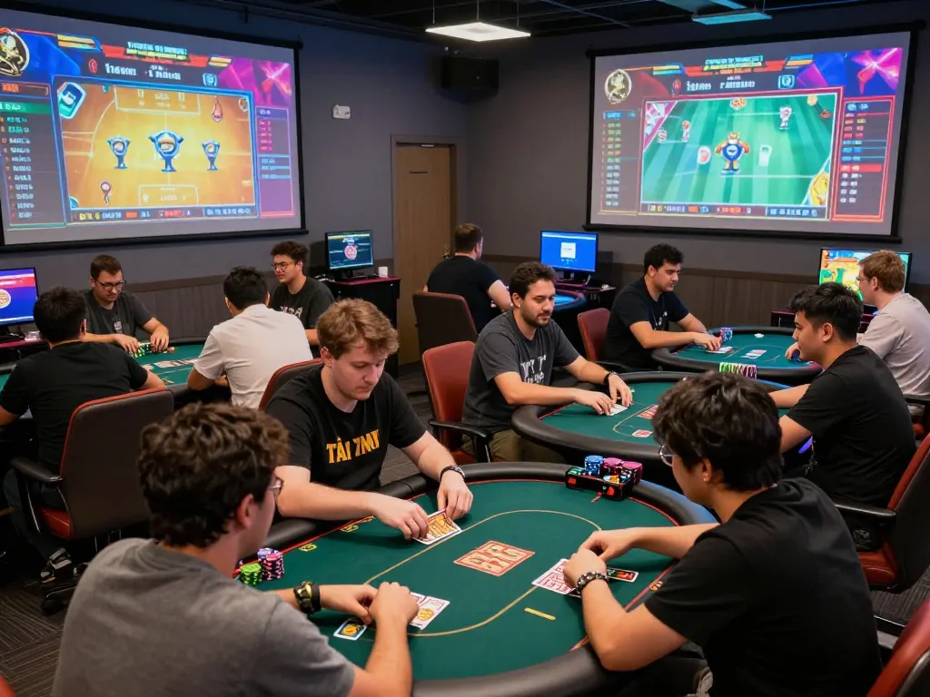 Engaging atmosphere of b52club online gaming lounge with players enjoying card games and bright displays.
