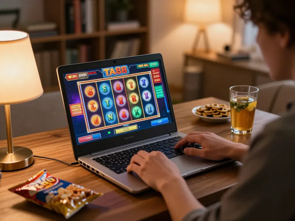 Engage with TA88 online slots in a cozy home gaming setup with high-resolution laptop screen