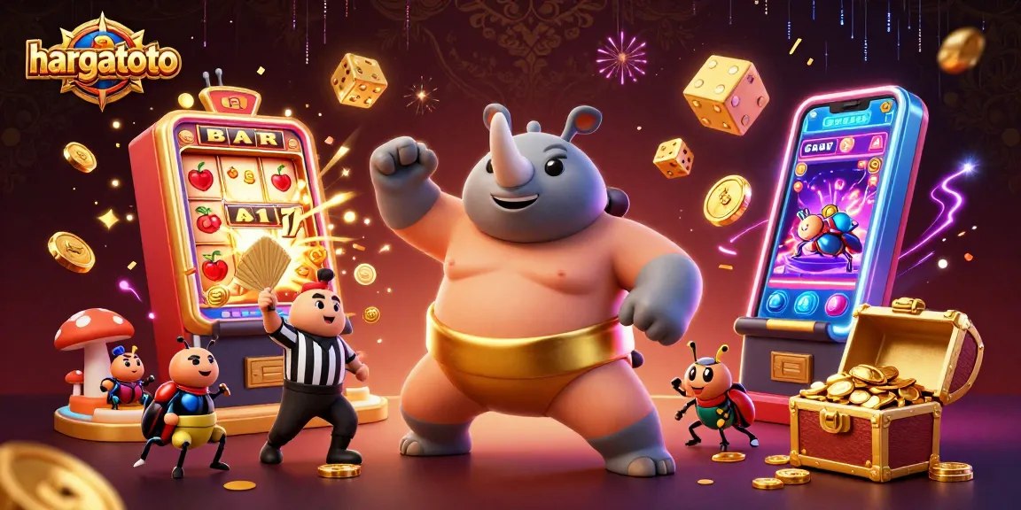 Experience thrilling gameplay at HARGATOTO with an illustrated banner showcasing the excitement of online slots.