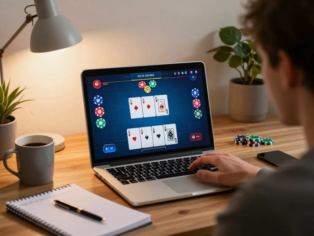 Player strategizing in an online poker game on laptop, immersed at home, featuring 79king