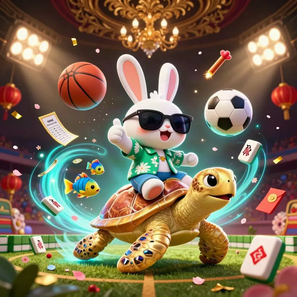 Lucky konijn op gouden zeeschildpad met basketbal, voetbal en neon casino-effecten