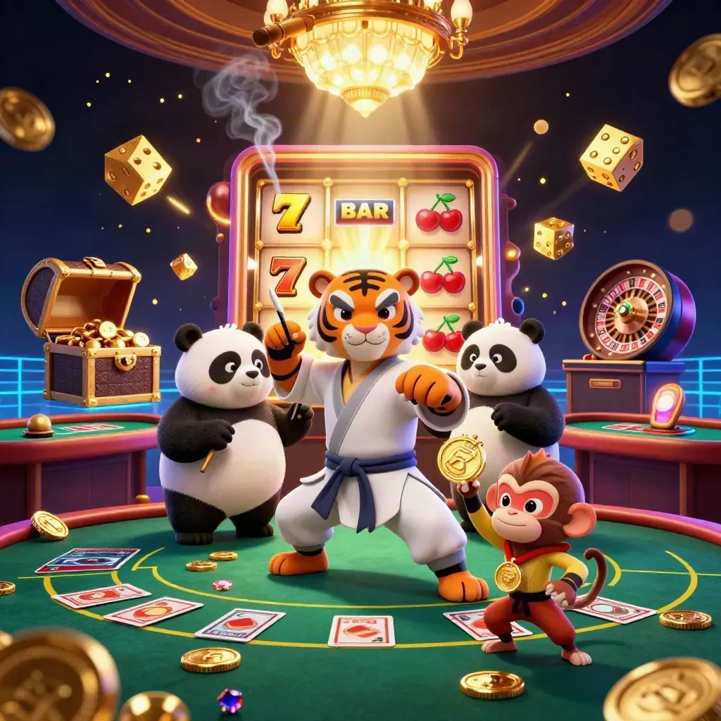 Kung-fu tijger, panda en aap in neon casino met slot, roulette en goud.