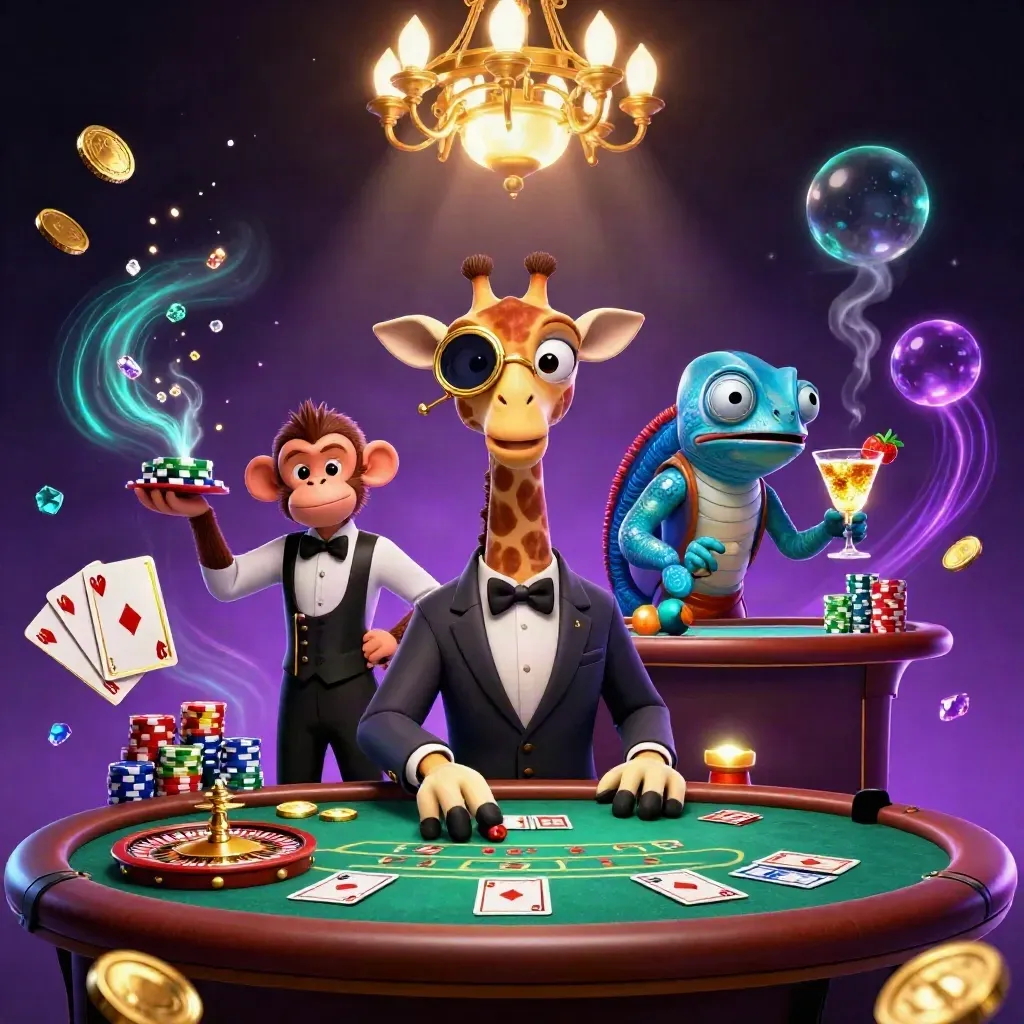 Giraffe, aap en kameleon in luxe casino met goud, neon, chips en edelstenen.