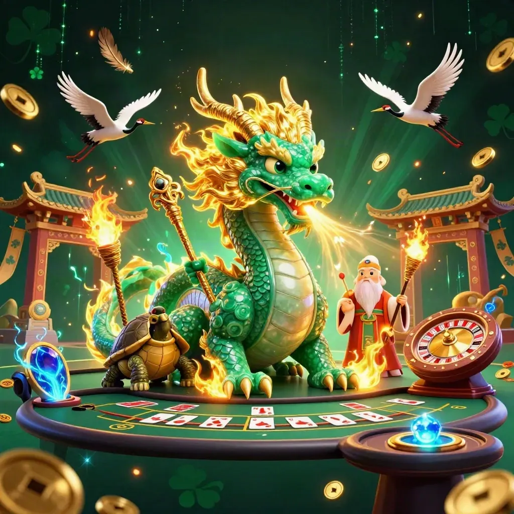 Jade draak, schildpadwijze en kraanvogels in een luxe neoncasino met gouden vuur.