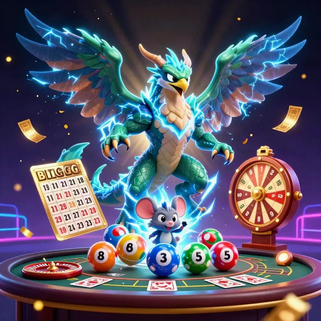 Donkere neon casino-scène met draak, vogel en muis, omringd door goud en licht.