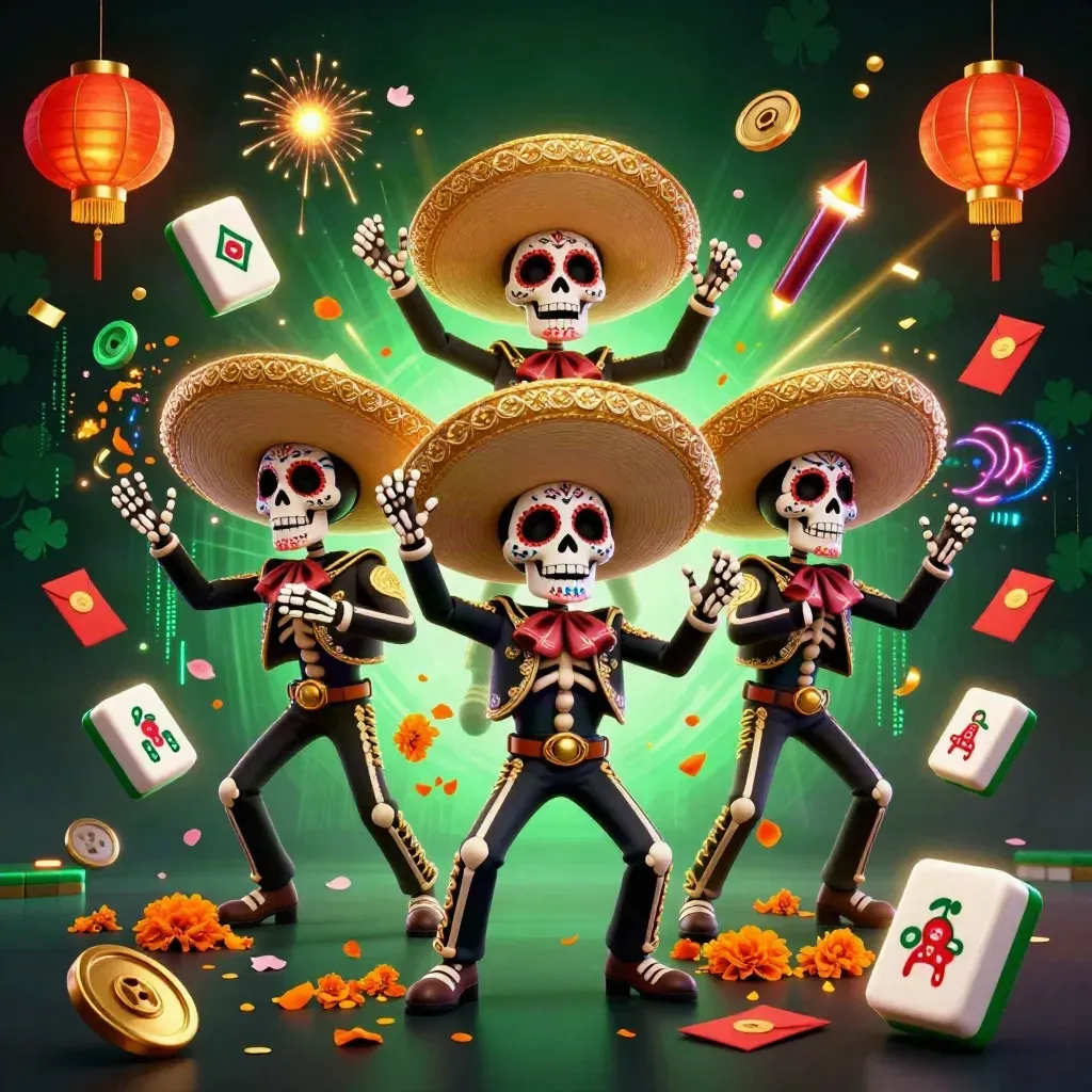 Drie feestelijke skelettenmariachi’s tussen neonenergie, mahjongtegels en confetti.