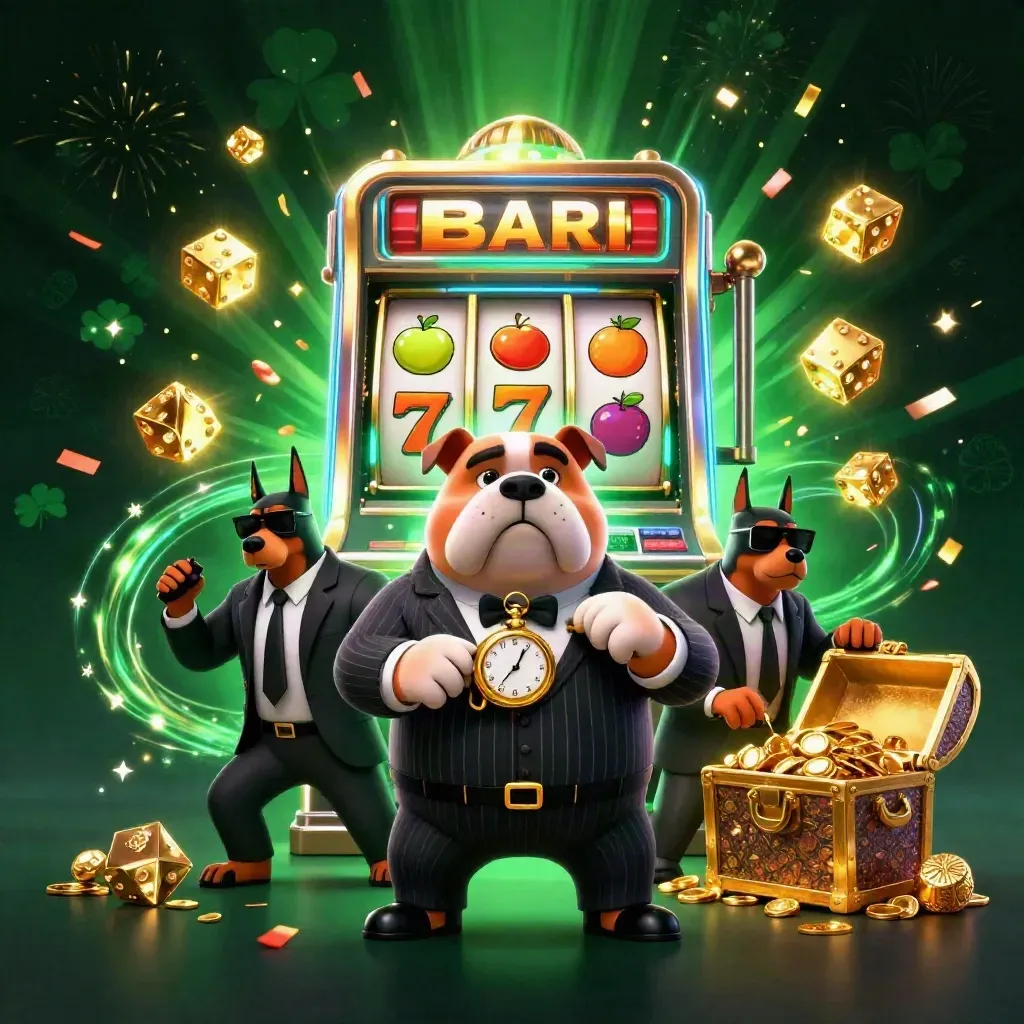 Een bulldog-maffiabaas met twee Dobermans tussen goud, dobbelstenen en neon jackpots.