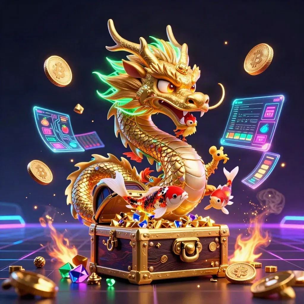 Gouden draak met phoenix en koi, neon munten en casino-energie op donkere achtergrond.