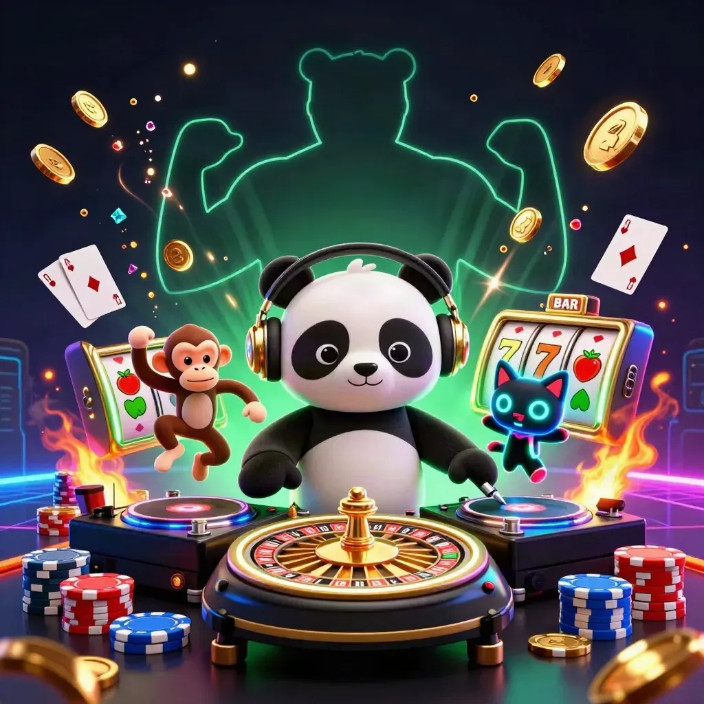 DJ-panda, breakdancende aap en rave-kat tussen munten, chips en neon casinolicht.