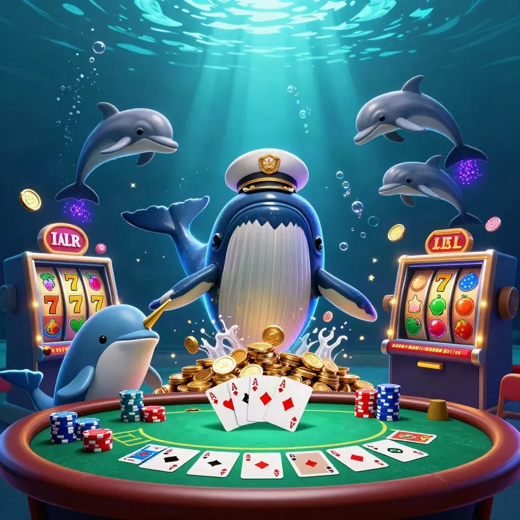 Neon onderwater scène met walviskapitein, narwal, dolfijnen, pokerchips en slotreels.