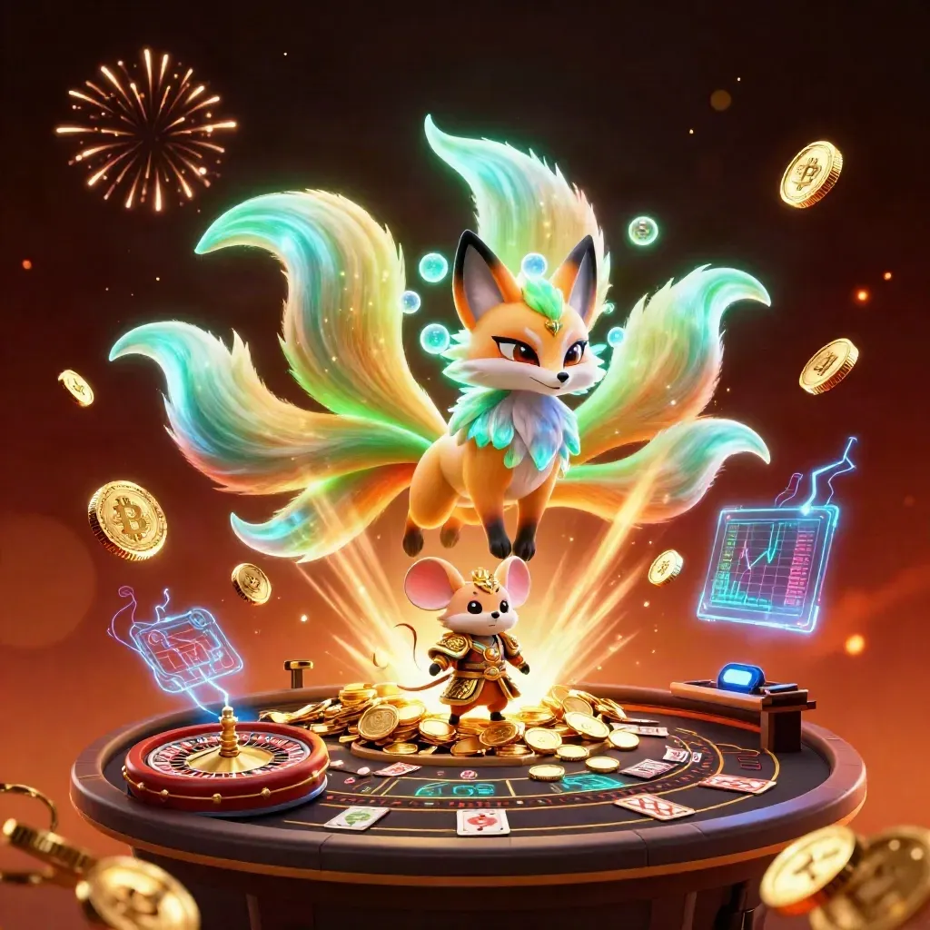 Neon vos met samurai-muis, goudstukken, spinwiel en vurige casino-effecten