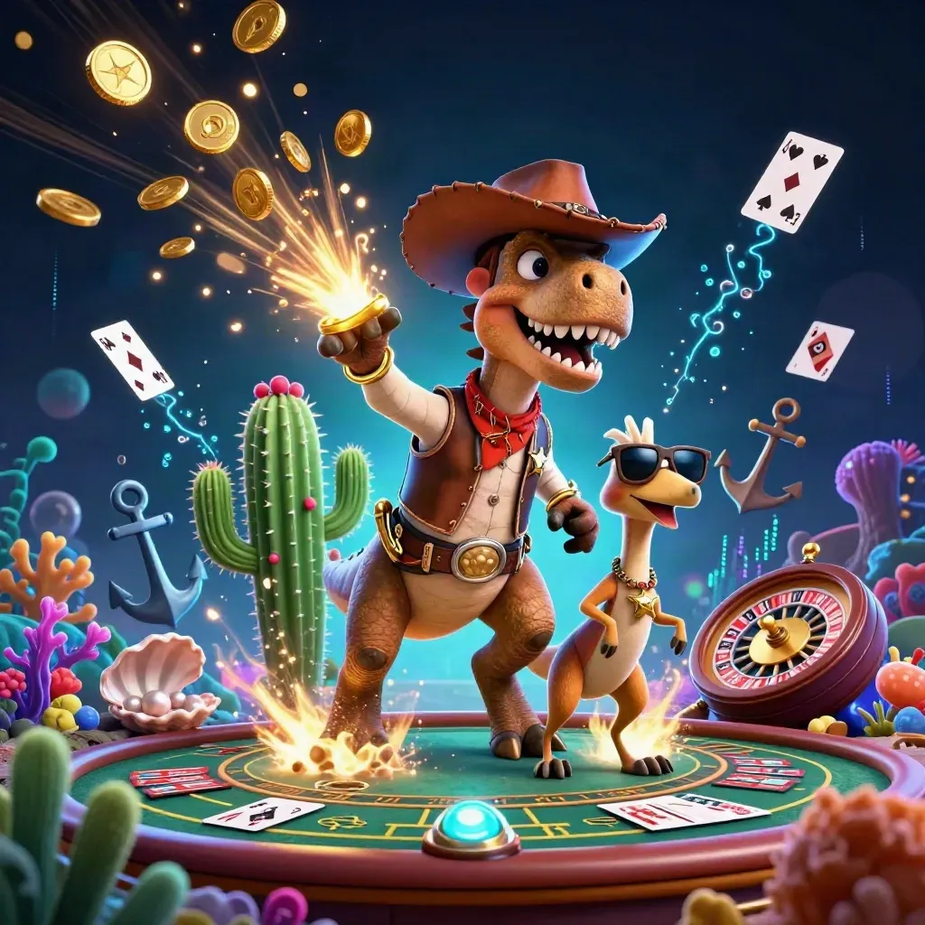Dinosaurus-cowboy met cactus en road runner tussen gouden munten, neonlichten en casinospellementen.
