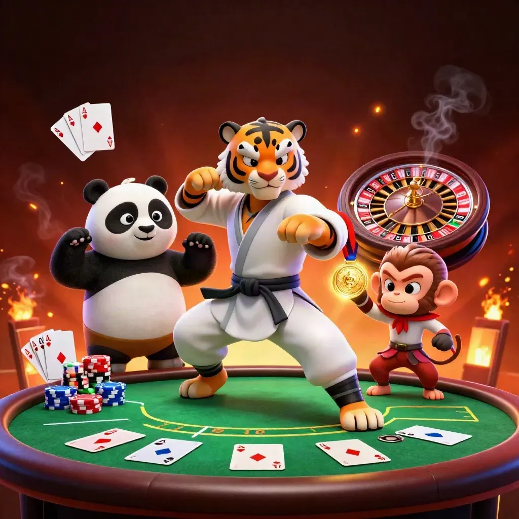 Kungfu-tijger, panda en aap bij casinochips, kaarten en draaiend roulettewiel in neonlicht.