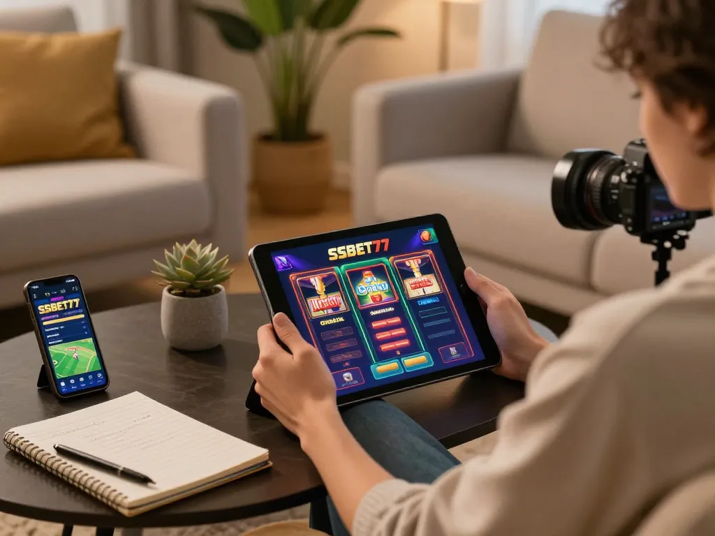 Engaging in online slot games on SSBET77 while relaxing at home with a tablet and notebook.
