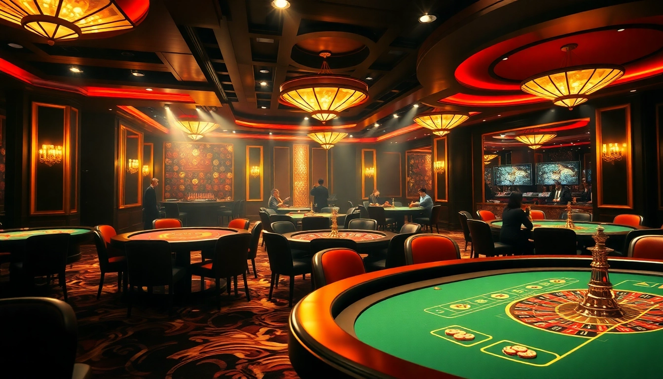 Experience the thrilling atmosphere of a sophisticated casino at https://69vn.day/, showcasing vibrant game tables and engaging players.
