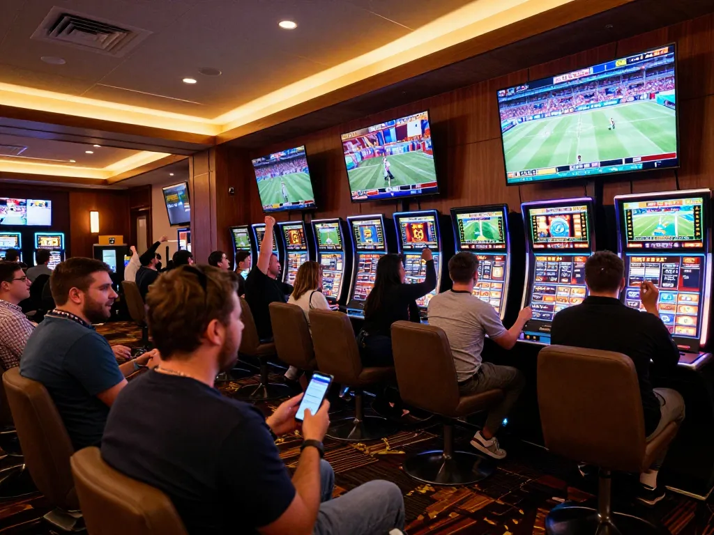 90P sports betting enthusiasts in a vibrant casino, analyzing odds and celebrating wins