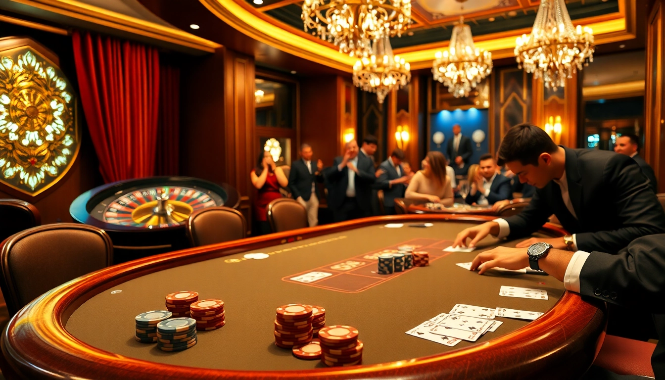 Play poker at a luxury casino table with chips and cards at https://five88sss.com/