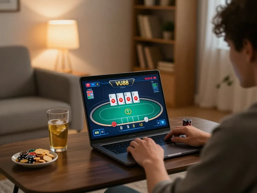 Player engaging with VU88 online casino on laptop in a cozy living room