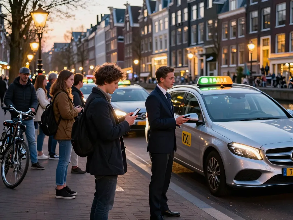Passagiers bij een Taxi Amsterdam stand wachten op hun ritten met professionele chauffeurs en luxe voertuigen.