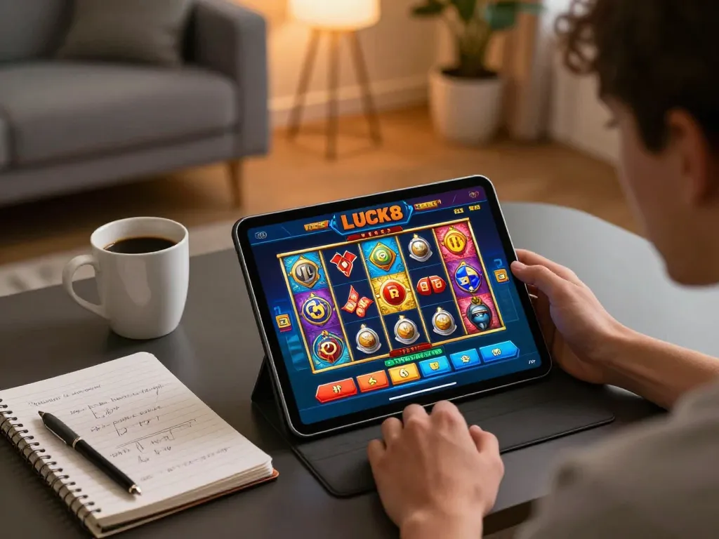 Khoảnh khắc thú vị của người chơi tận hưởng các máy đánh bạc LUCK8 trên máy tính bảng, nhấn mạnh lối chơi chiến lược và chơi game có trách nhiệm