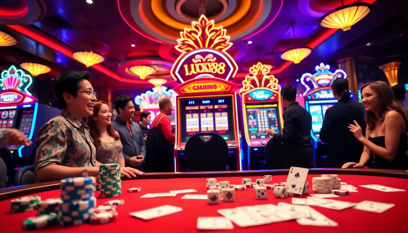 Play LUCKY88 slot machine for an exciting casino experience with vibrant lights and happy patrons.
