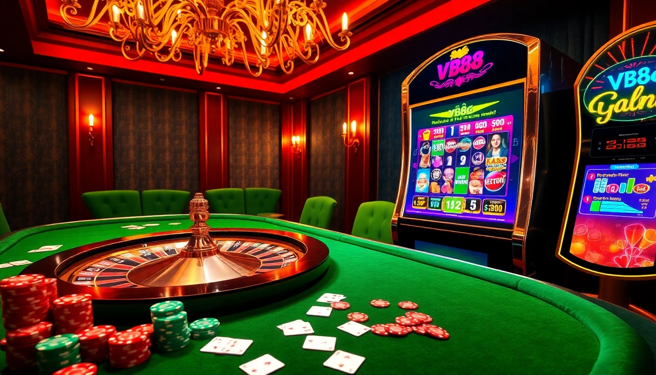Experience the elegance of Nhà cái vb88 with a vibrant casino scene featuring a roulette wheel and poker table.