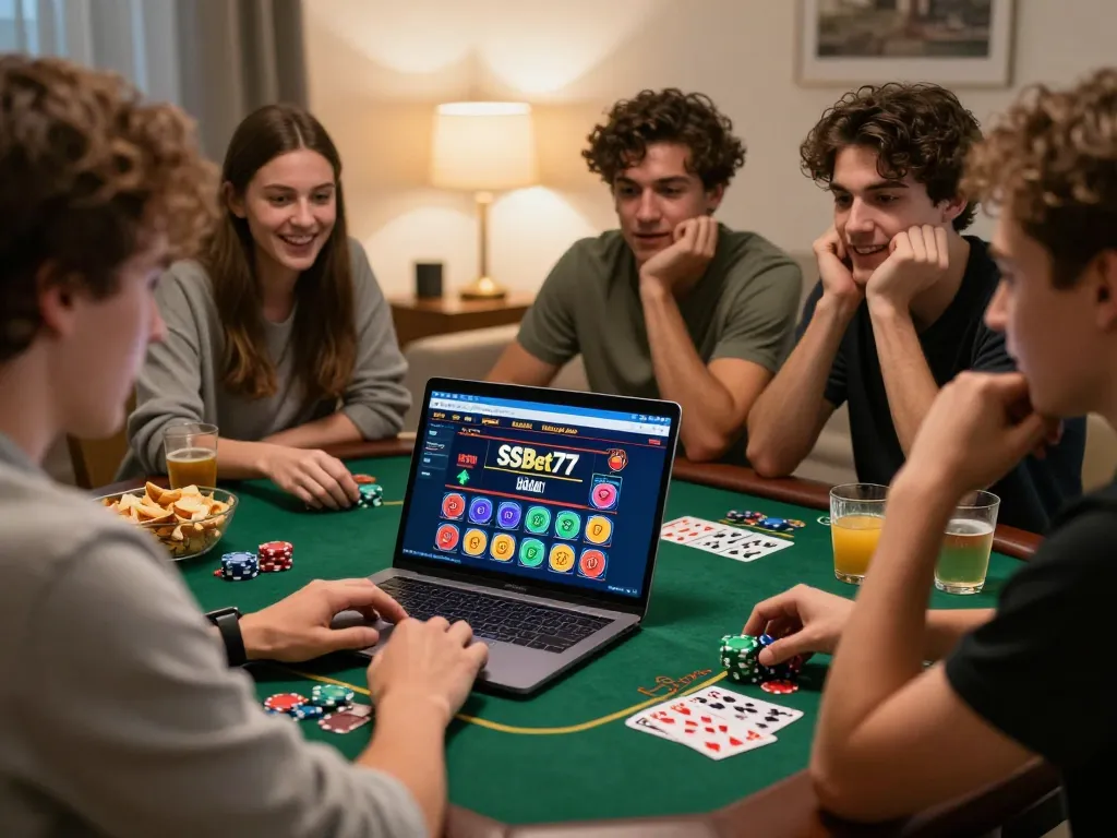 Players engaging in online gaming with SSBet77 on a laptop during a cozy home gathering