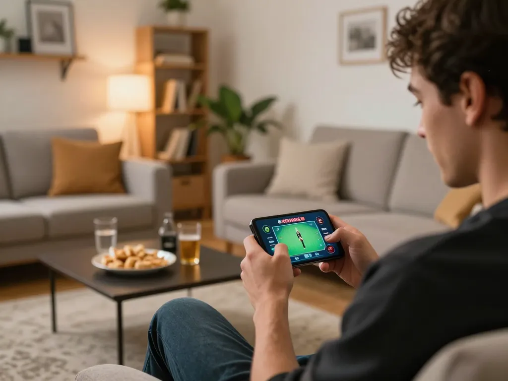 E2bet sports betting excitement captured as a player engages with a betting app on their smartphone in a cozy living room.