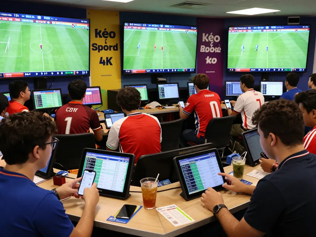 Exciting kèo nhà cái atmosphere with fans analyzing sports betting odds in a vibrant sportsbook environment.