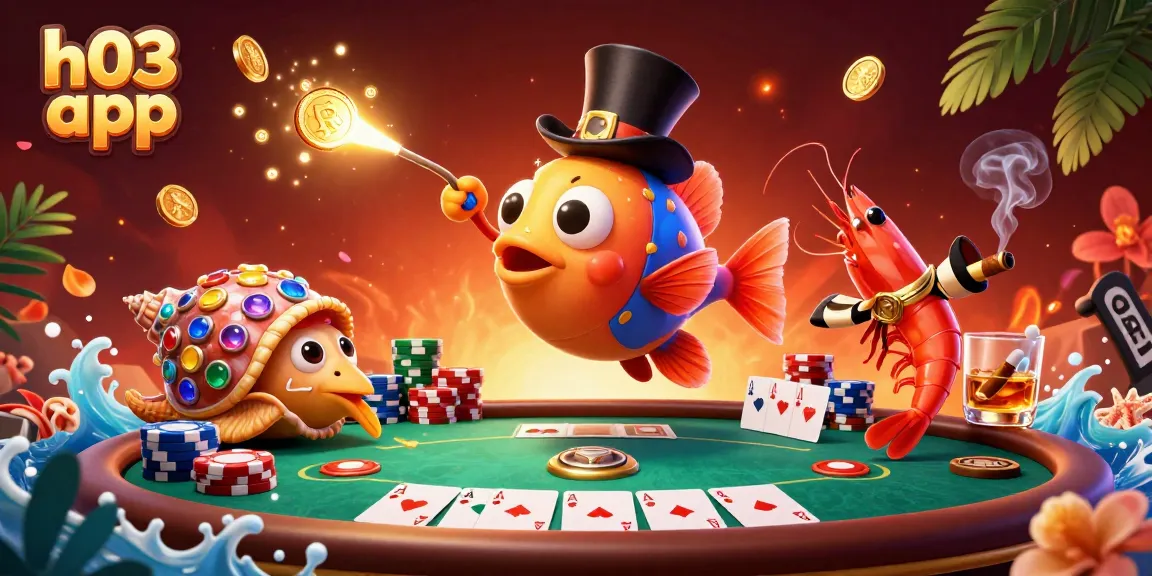 Berinteraksi dengan aplikasi h03 saat ikan pemancing menarik koin dalam suasana kasino yang cerah.
