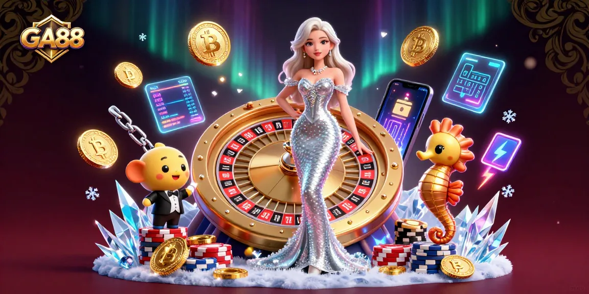 Engage with GA88's vibrant casino scene featuring a glamorous woman, roulette, and crypto coins.
