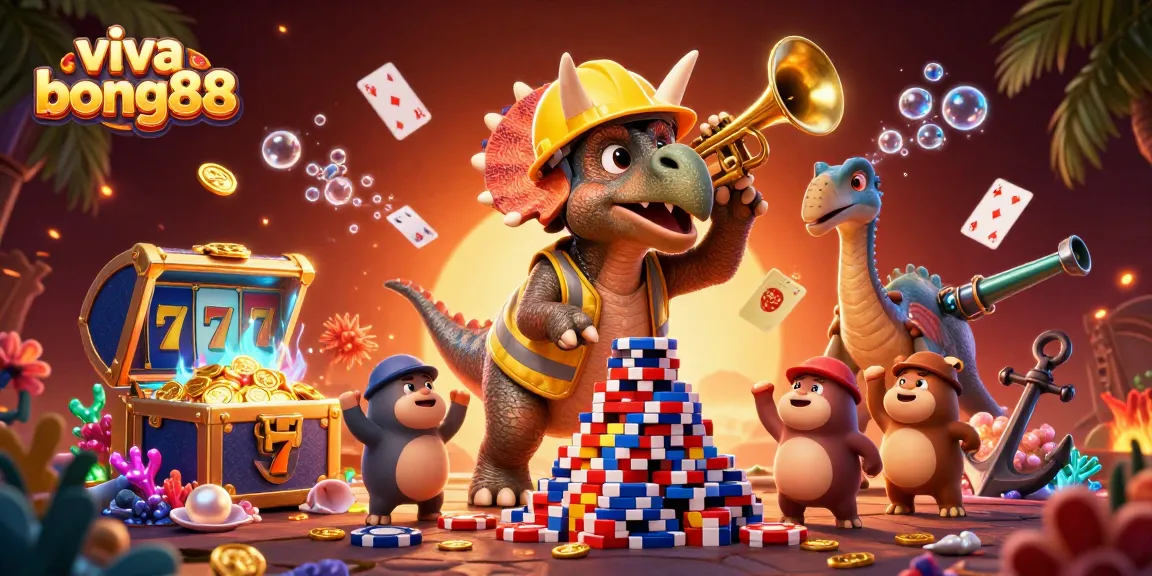 Witness the excitement at viva bong88 as the triceratops builds poker chip towers surrounded by thrilling game elements.