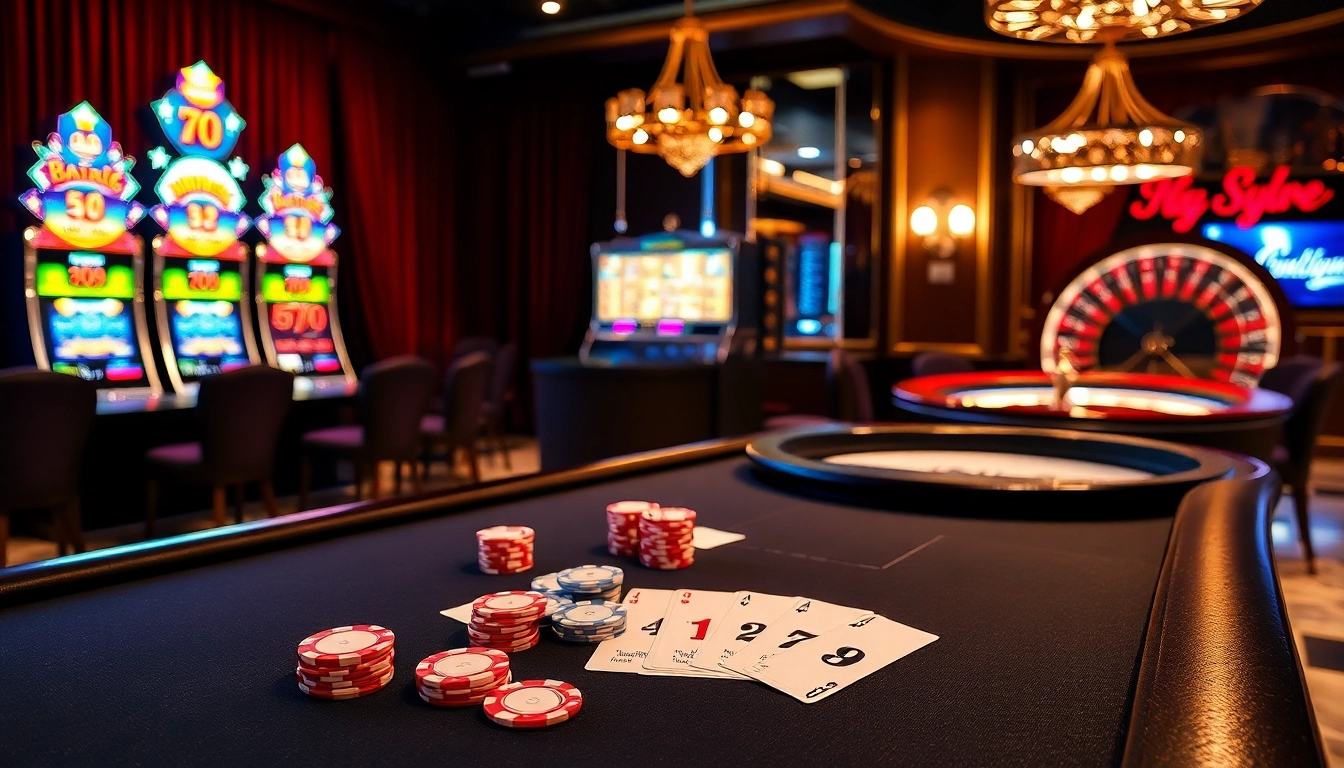 Experience the thrill of betting at MM88 with vibrant casino tables and stylish gaming elements.