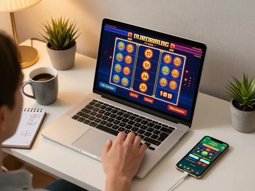 Player engaging in online DEBET gaming with laptop and smartphone, showcasing vibrant gameplay.