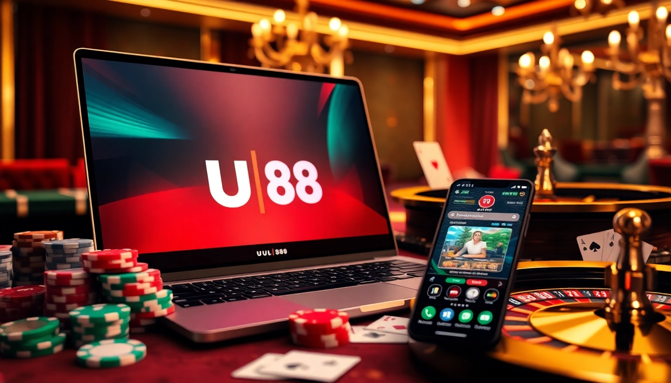 Experience the thrill of gambling with UU 88's vibrant casino elements like chips and cards.