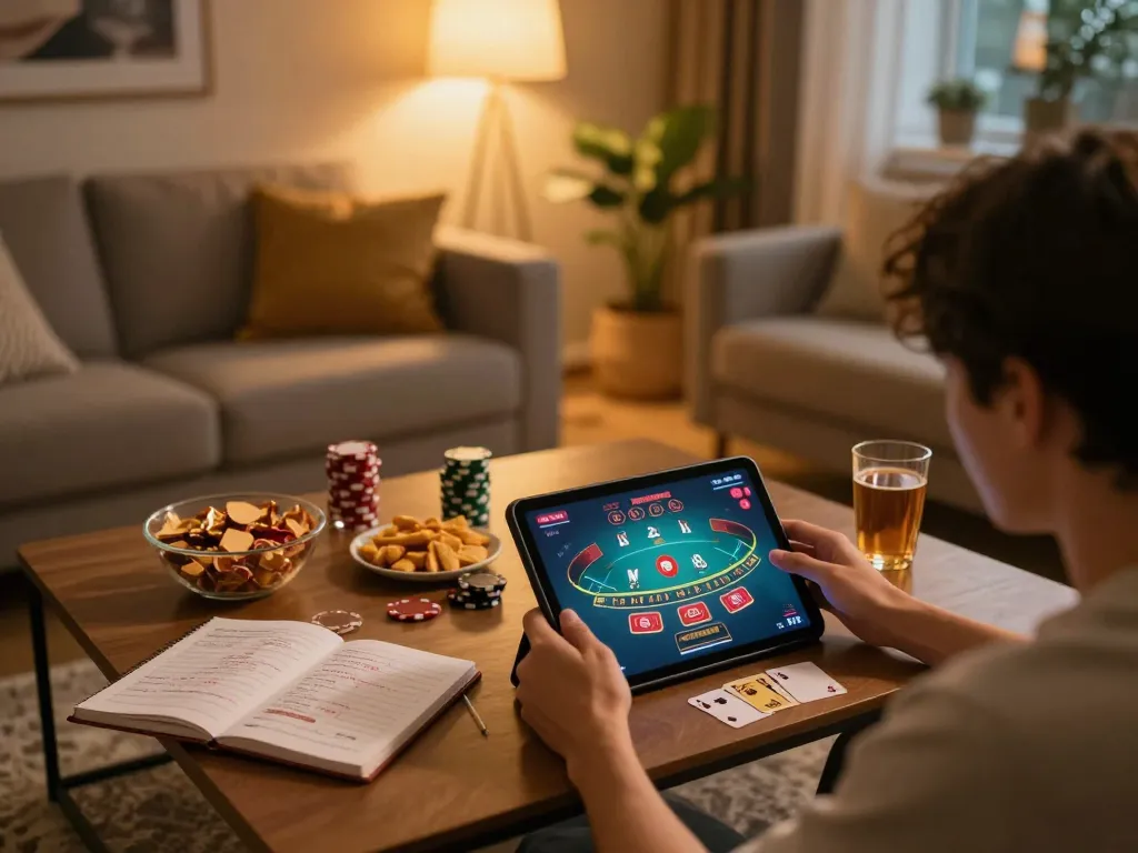 Engaging in a thrilling YO88 blackjack game, showcasing an inviting home gaming setup with cozy lighting.