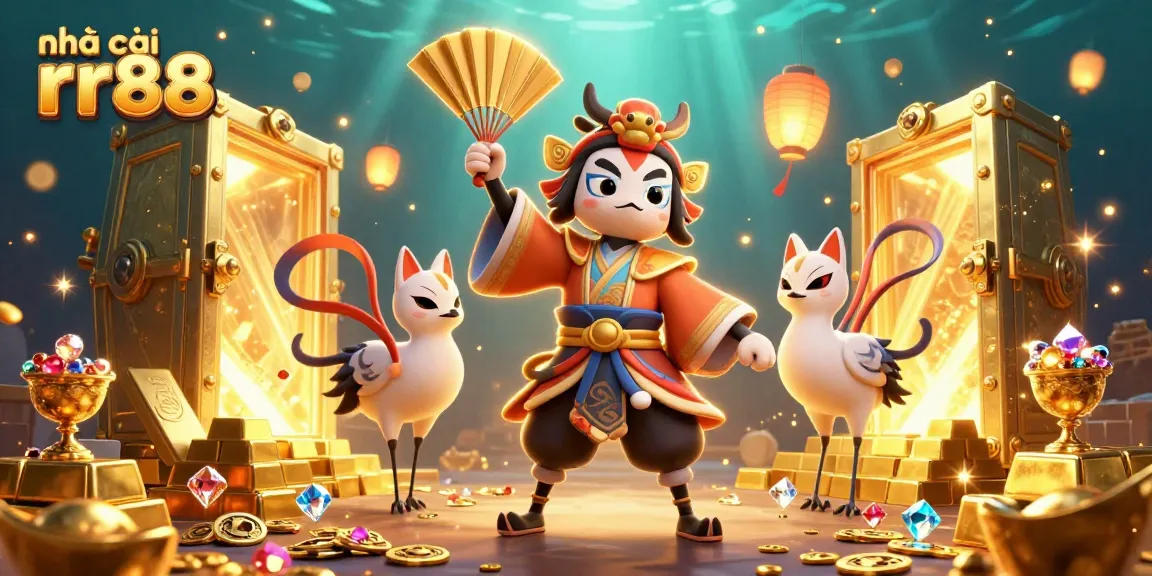 Experience dynamic thrills at nhà cái rr88 with this vibrant casino-themed illustration showcasing a kabuki warrior and kitsune mask.