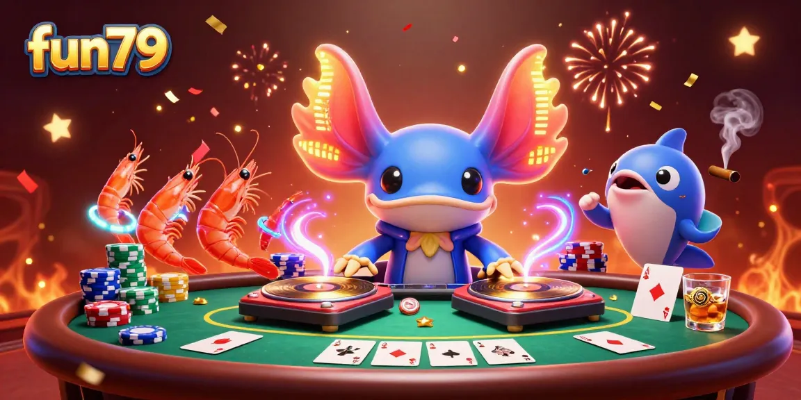 Experience fun79's thrilling atmosphere with a vibrant 3D casino scene featuring energetic characters and poker elements.