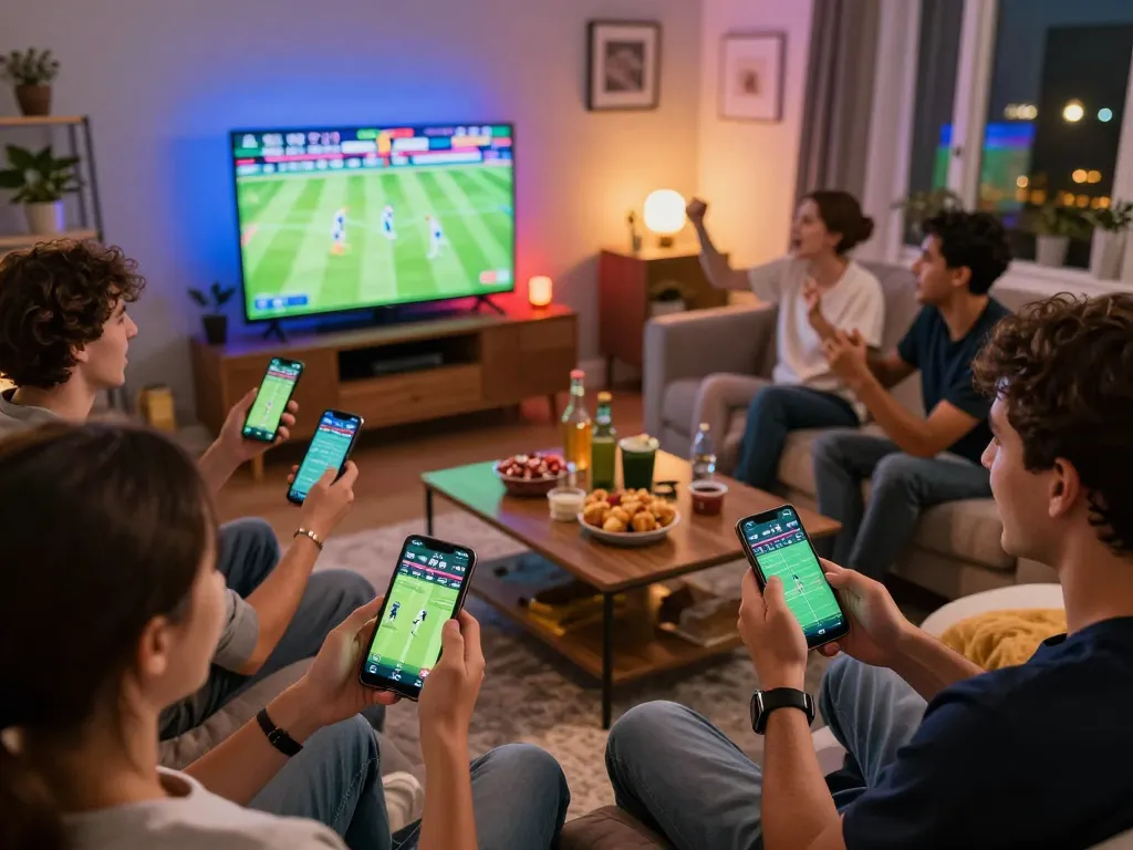 Engaged players using MM88 for live sports betting in a lively home setting