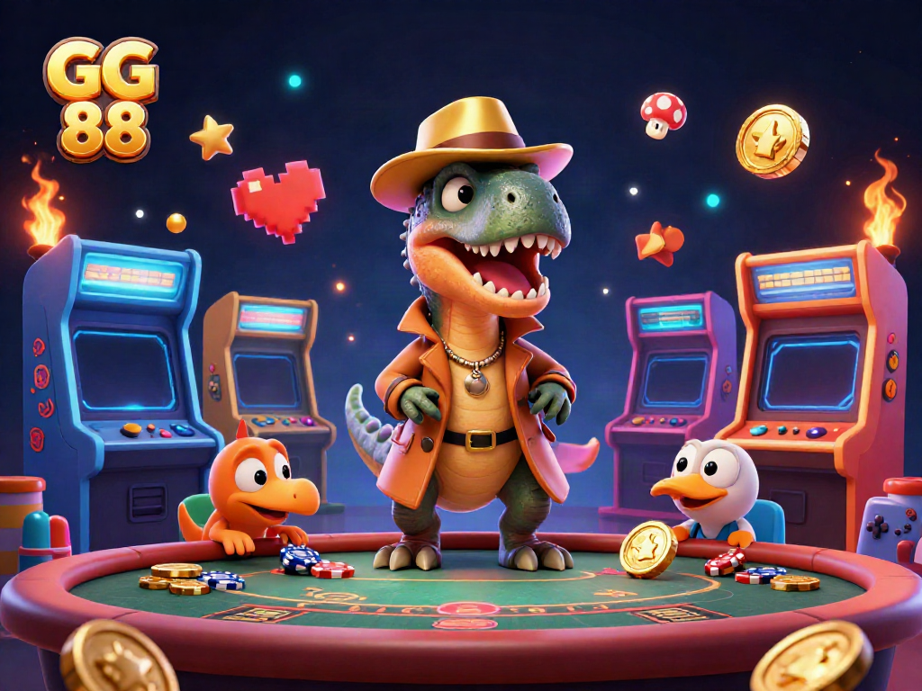 Watch a 3D cartoon velociraptor card counter at GG 88 blackjack table surrounded by vibrant casino elements.