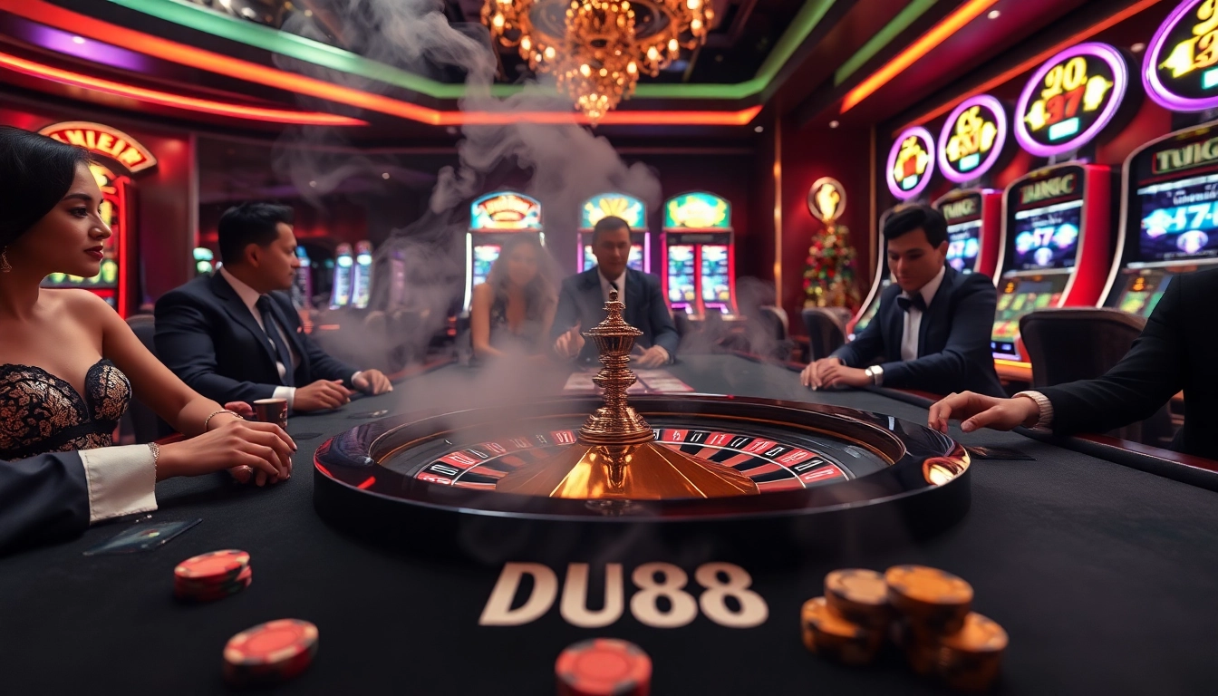 Engage in high-stakes gambling with DU88 poker chips at a vibrant casino table.