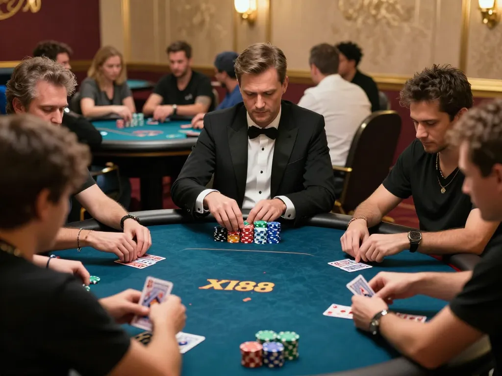 Players strategizing at a poker game in XI88's upscale gambling venue, highlighting intense gameplay.