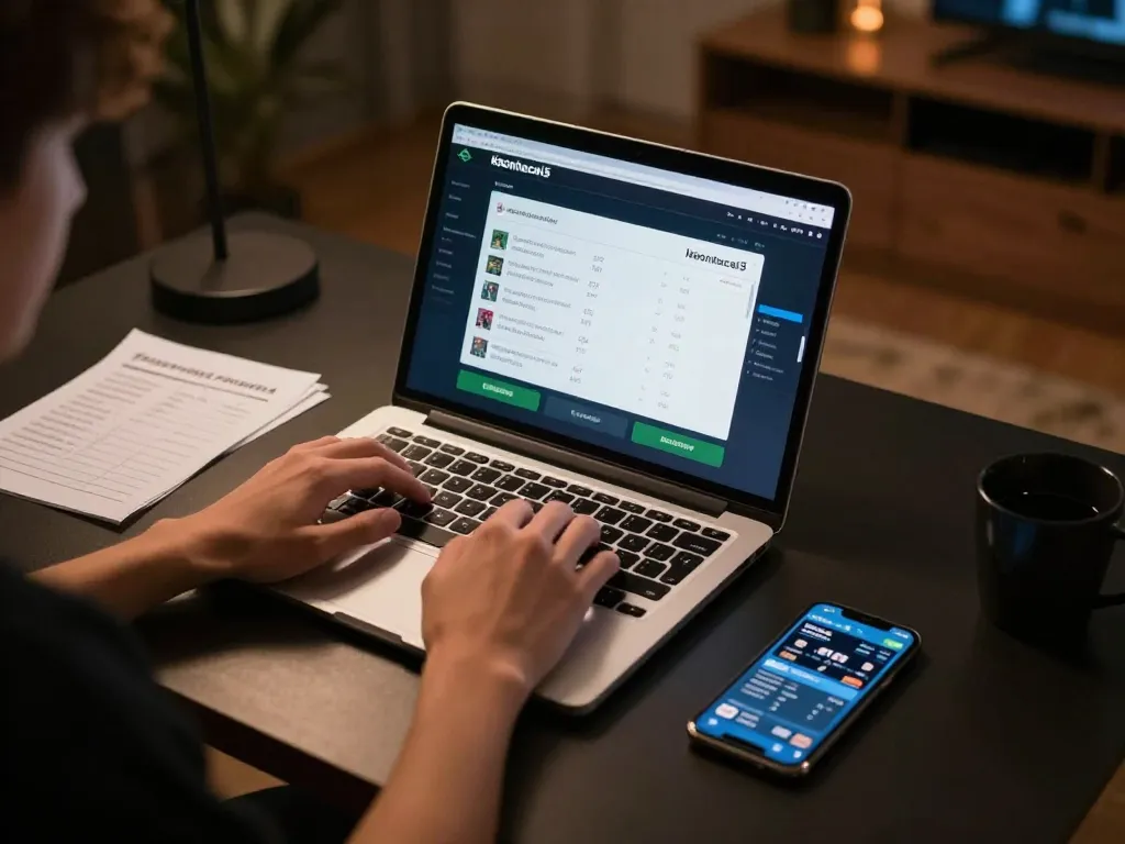 Engaging in sports betting through keonhacai5 app on a laptop, surrounded by strategic notes.