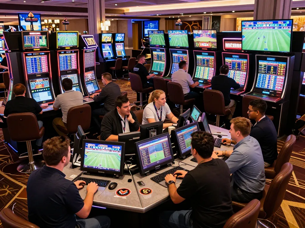 Engaged bettors at Vin88 sports betting area analyzing live game statistics.
