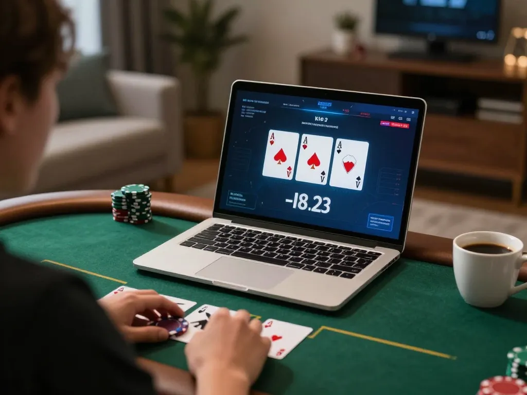 Engaging in online poker at https://vb88.llc/ with a live dealer in a cozy home setting.