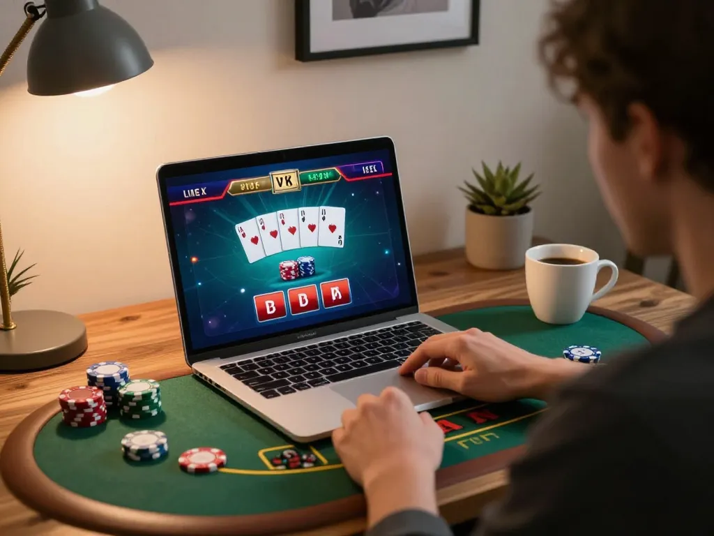 i9bet player engaging in live dealer blackjack on laptop, showcasing strategic gameplay