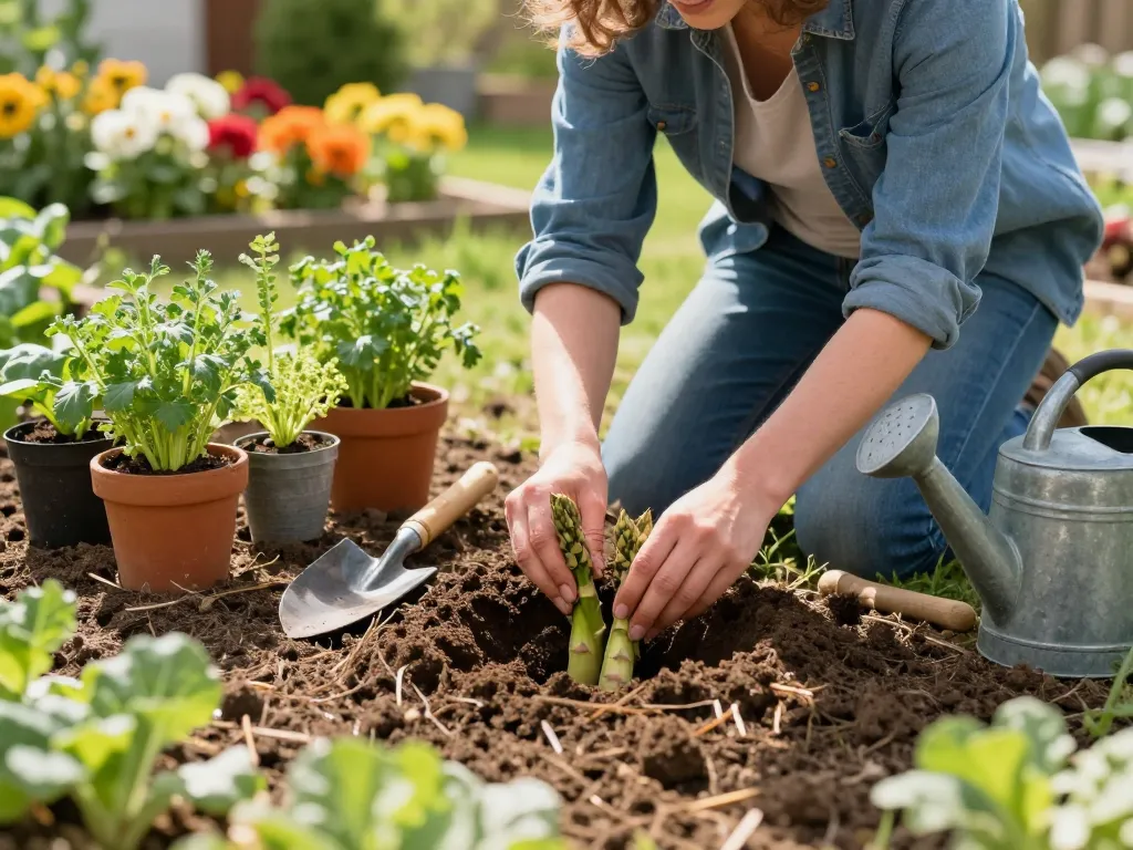 Gardener planting asparagus crowns for aspergeklauwen kopen in vibrant vegetable patch.