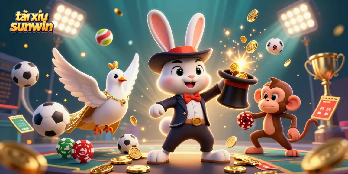 Engage in tài xỉu sunwin with a lively illustration capturing a magician rabbit, dove, and monkey amidst dynamic sports elements.
