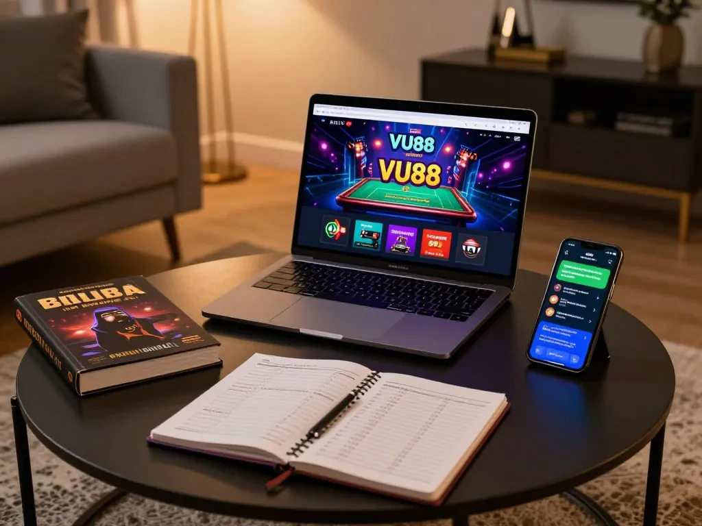 Engaging online gambling scene with VU88 gaming platform visible on a laptop screen, showing strategic gameplay.
