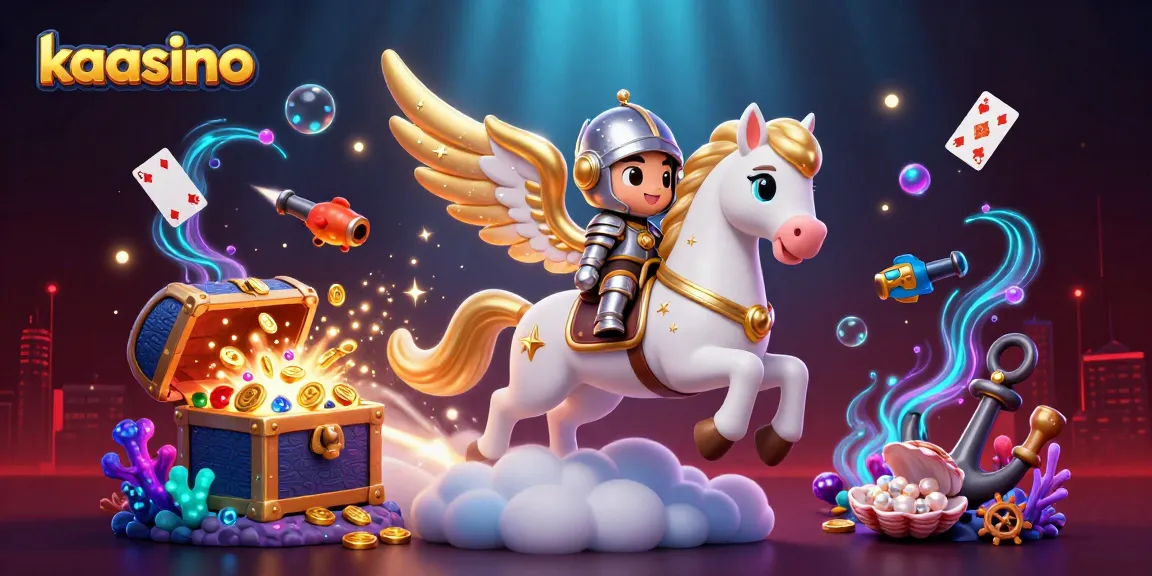 Kaasino offers an enchanting 3D scene with a celestial horse and knight amidst a treasure-filled casino
